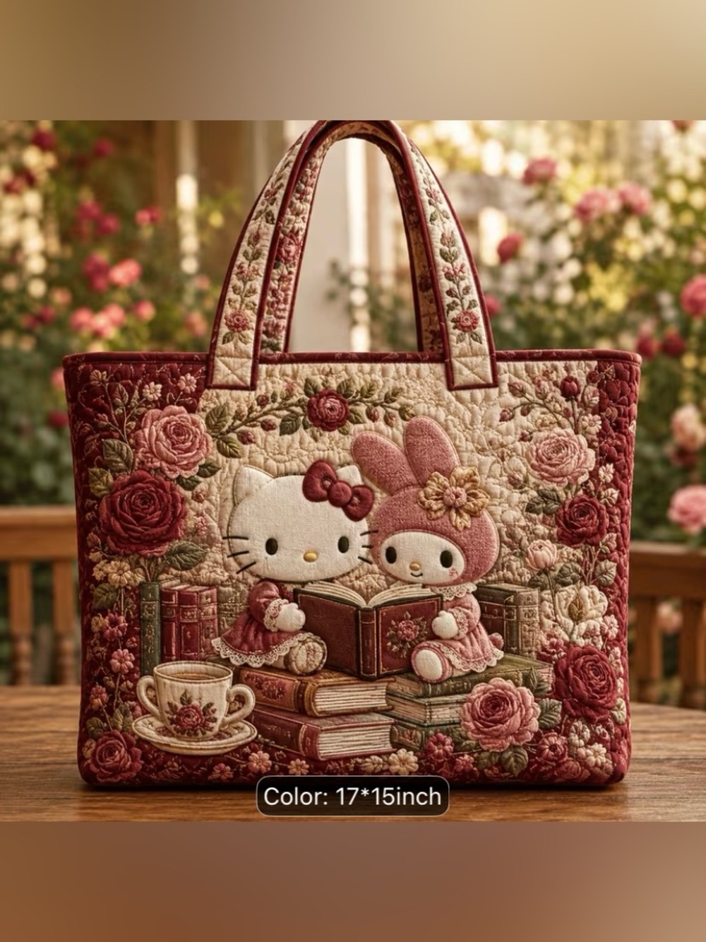 Hello Kitty x My Melody Quilted Tote Bag - Pink & Burgundy